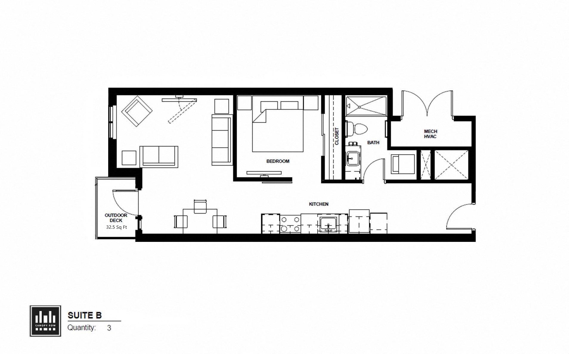 Floor plan for 1 bed, 1 bath, 643 sqft